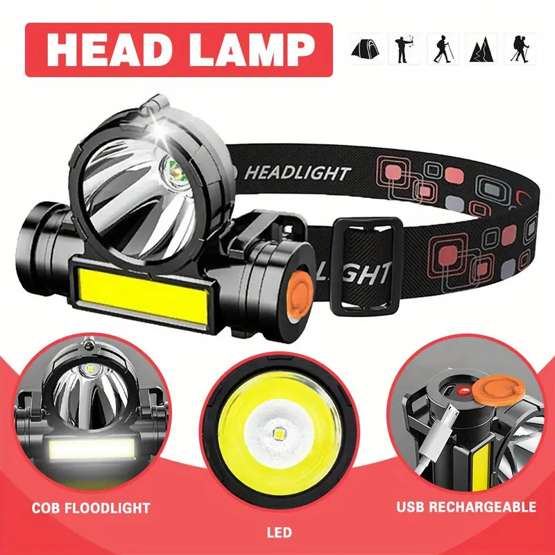 2 in 1 Headlight Torch Lamp – 3W LED+COB with Built-in Battery, Waterproof & USB Charge