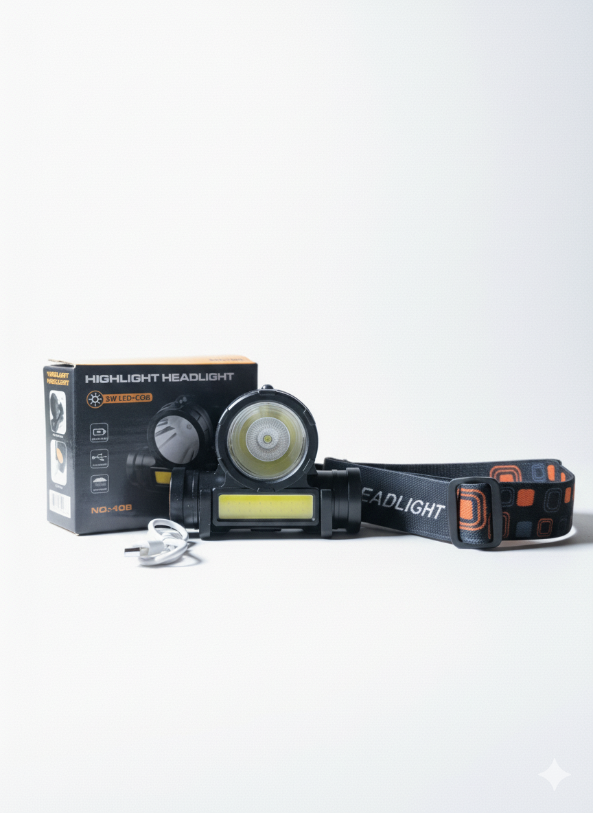 2 in 1 Headlight Torch Lamp – 3W LED+COB with Built-in Battery, Waterproof & USB Charge