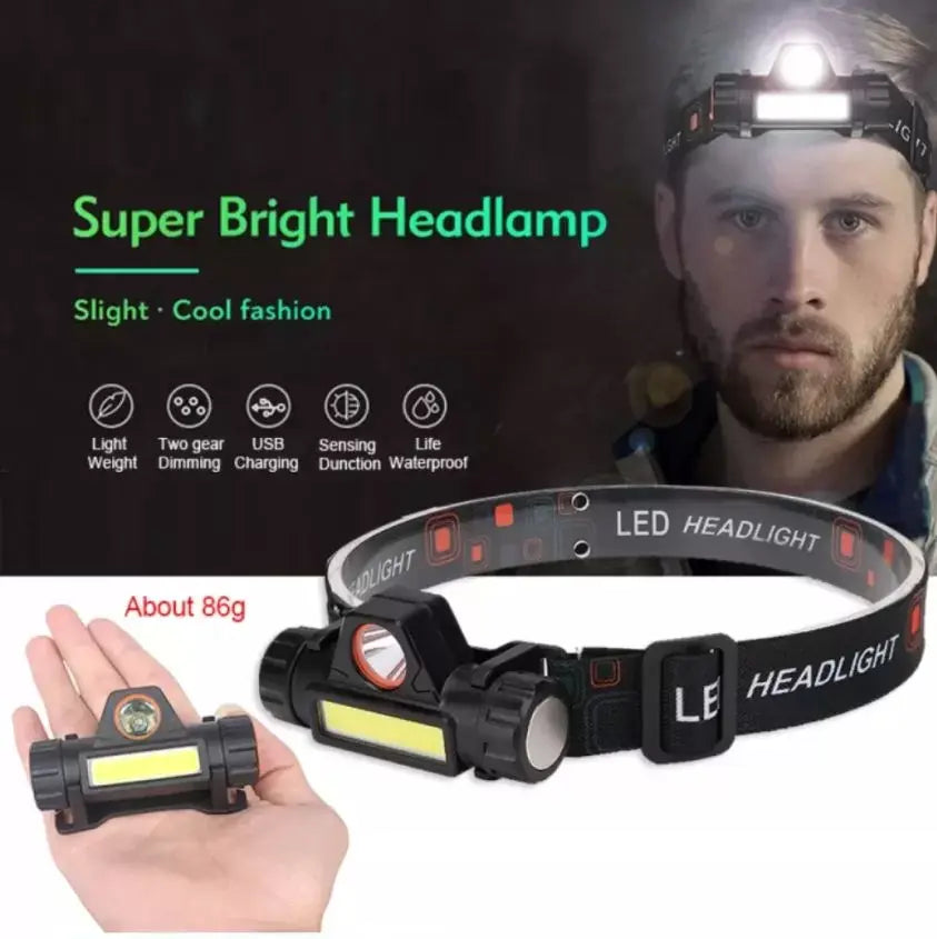 2 in 1 Headlight Torch Lamp – 3W LED+COB with Built-in Battery, Waterproof & USB Charge