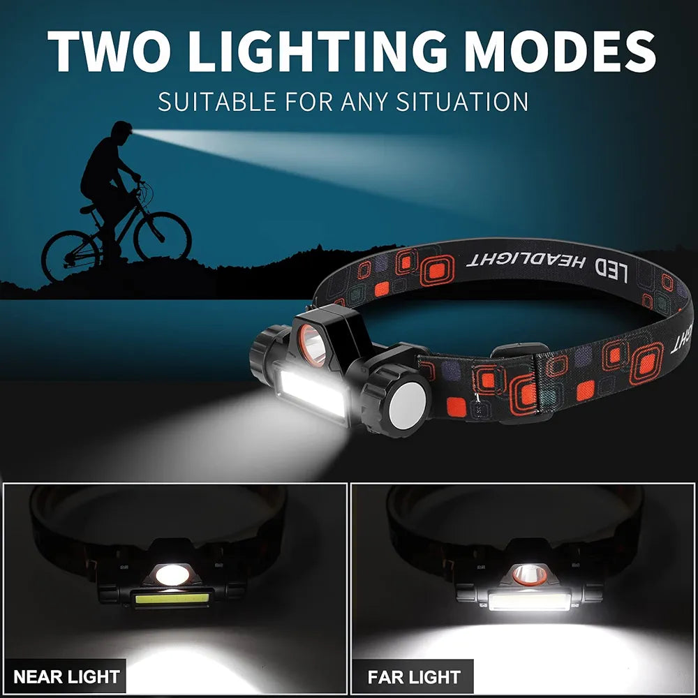 2 in 1 Headlight Torch Lamp – 3W LED+COB with Built-in Battery, Waterproof & USB Charge